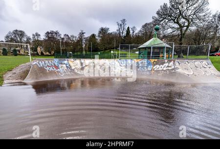 Waterlogged skatepark and recreational grounds, no children due to weather. School holidays letdown, Stock Photo