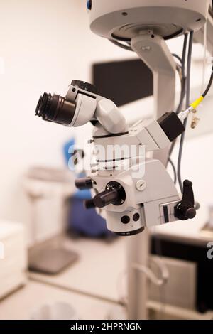 Opthtalmic microscope used in treating eye problems such as cataract Stock Photo