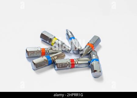A set of bits for a screwdriver close-up white Stock Photo