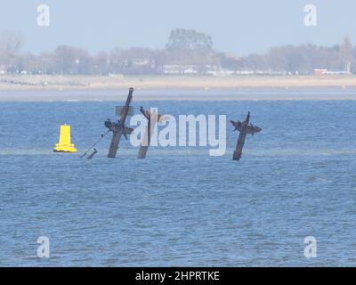 Sheerness, Kent, UK. 23rd Feb, 2022. Visitors are flocking to see the 3 masts of explosive shipwreck SS Richard Montgomery in the Thames Estuary which sank 1.5 miles north of Sheerness, Kent, before they're cut off this summer. Jetstream Tour's boat 'Jacob Marley' seen circling the historic wreck at lunchtime. Credit: James Bell/Alamy Live News Stock Photo