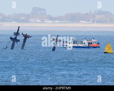 Sheerness, Kent, UK. 23rd Feb, 2022. Visitors are flocking to see the 3 masts of explosive shipwreck SS Richard Montgomery in the Thames Estuary which sank 1.5 miles north of Sheerness, Kent, before they're cut off this summer. Jetstream Tour's boat 'Jacob Marley' seen circling the historic wreck at lunchtime. Credit: James Bell/Alamy Live News Stock Photo