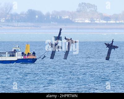 Sheerness, Kent, UK. 23rd Feb, 2022. Visitors are flocking to see the 3 masts of explosive shipwreck SS Richard Montgomery in the Thames Estuary which sank 1.5 miles north of Sheerness, Kent, before they're cut off this summer. Jetstream Tour's boat 'Jacob Marley' seen circling the historic wreck at lunchtime. Credit: James Bell/Alamy Live News Stock Photo