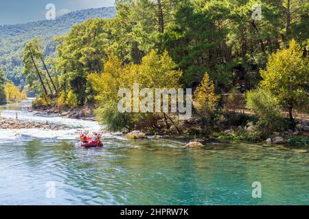 White water rafting experience on the rapids of river Manavgat in Turkey. Stock Photo