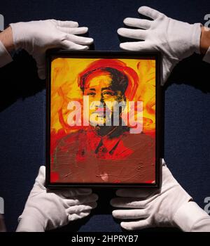 Christie’s, London, UK. 23 February 2022. 20th/21st Century London Evening Sale & Art of the Surreal Evening Sale highlights include a Francis Bacon Triptych, Lucien Freud, Picasso and René Magritte. The online and live sales takes place on 1 March 2022. Image: ANDY WARHOL (1928-1987), Mao, estimate £600,000-800,000. Credit: Malcolm Park/Alamy Live News Stock Photo