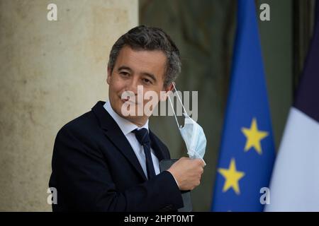 Paris, France, February 23, 2022, France's Minister Gerald Darmanin leaves after taking part in the weekly cabinet meeting at The Elysee Presidential Palace in Paris on February 23, 2022. Photo by Eliot Blondet / ABACAPRESS.COM Stock Photo