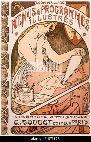 Alphonse Mucha, Art Nouveau  book cover illustration for 'Les Menus et Programmes Illustrés' by Léon Maillard, 1898 Stock Photo
