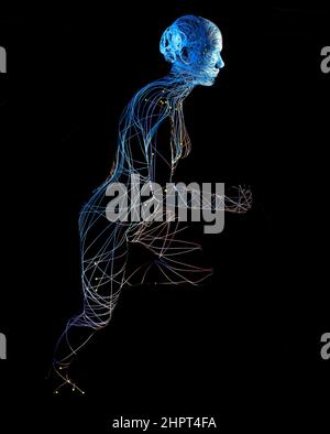 Motor activity, sports, exercise, running. Running woman profile view, abstract figure. Energy and strength. Vitamins that help strengthen muscles Stock Photo