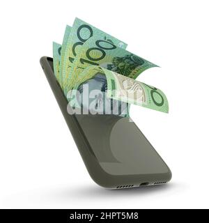 3D rending of Australian dollar notes inside a mobile phone isolated on white background Stock Photo