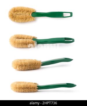 coconut coir fiber brush with plastic handle, house cleaning and scrubbing tool, isolated on white background,taken in different angles, collection Stock Photo