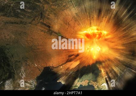 Borderline of Ukraine and Russia with nuclear explosion. Concept of potential nuclear war in Ukraine. Elements of this image furnished by NASA. Stock Photo