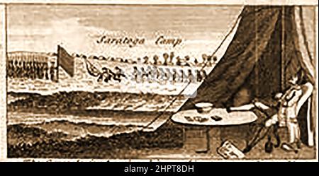 A small British political propaganda cartoon of 1779  entitled  'The American Generals Doing Nothing, or More than Nothing' at Saratoga Camp. It illustrated the British view of  the American Revolutionary War 1775–1783   between Great Britain and the Thirteen Colonies that gained  independence and became the United States of America. Battles of Saratoga proved a major turning point in the American Revolutionary War