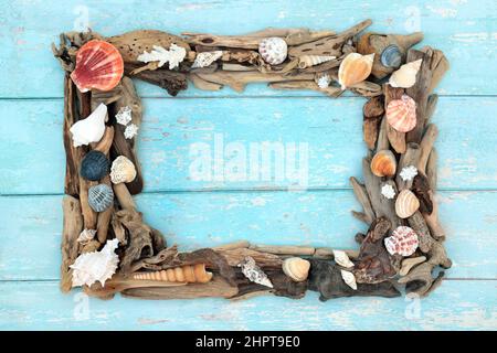 Driftwood and sea shell abstract seaside art border on rustic blue background. Treasure of the sea art. Natural rectangular composition. Stock Photo