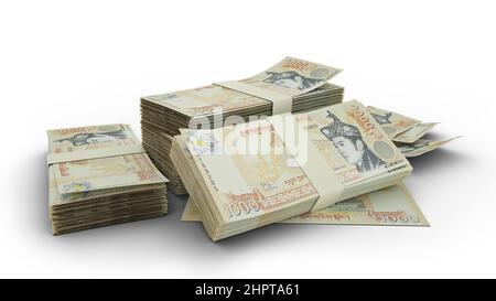 3D Stack of 1000 Bhutanese ngultrum notes isolated on white background Stock Photo