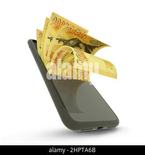 3D rending of Bhutanese ngultrum notes inside a mobile phone isolated on white background Stock Photo