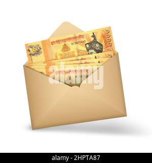 Bhutanese ngultrum notes inside an open brown envelope. 3D illustration of money in an open envelope Stock Photo