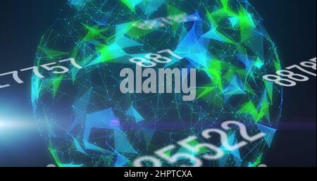 Multiple changing numbers over plexus networks spinning against blue background Stock Photo