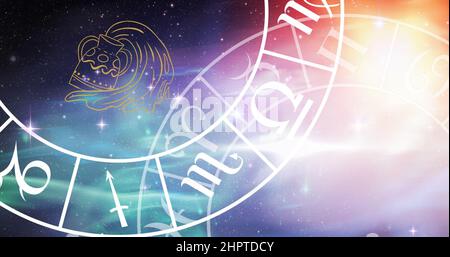 Image of aquarius star sign and horoscope zodiac sign wheels on starry sky background Stock Photo