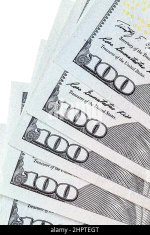 Pile of One Hundred Dollars on white background, 100 USD close up photo Stock Photo