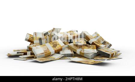 3D Stack of 1000 CFP franc notes isolated on white background Stock Photo