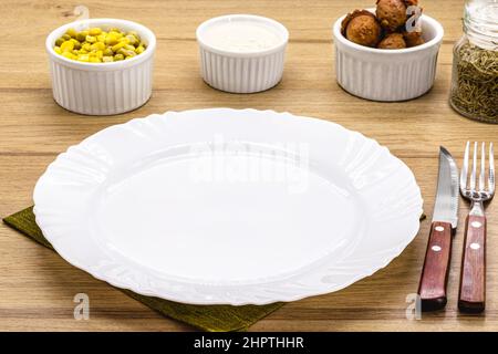 lunch and dinner table mockup, top view, empty plate for food, advertising use Stock Photo