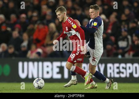 MIDDLESBROUGH, UK. FEB 22ND Riley McGree of Middlesbrough in action with West Bromwich Albion's Conor Townsend during the Sky Bet Championship match between Middlesbrough and West Bromwich Albion at the Riverside Stadium, Middlesbrough on Tuesday 22nd February 2022. (Credit: Mark Fletcher | MI News) Credit: MI News & Sport /Alamy Live News Stock Photo