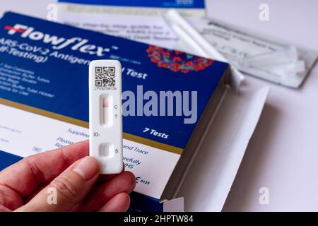 Covid-19 Lateral Flow Home Testing Kit Flowflex, NHS England. Negative Result. Stock Photo