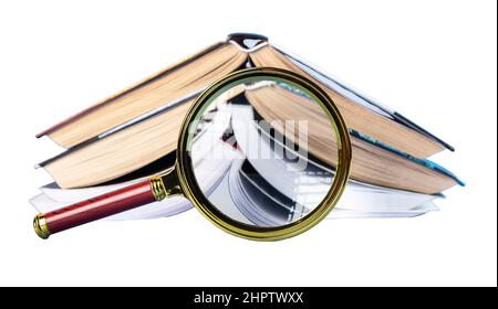 Abstract books through magnifying glass isolated on white background. High quality photo Stock Photo