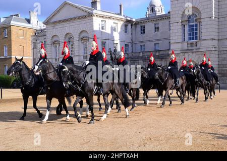 The Queen's Life Guard change ceremony on Horse Guards Parade,  London, UK. Soldiers of the Household Cavalry Mounted Regiment, the Blues and Royals. Stock Photo