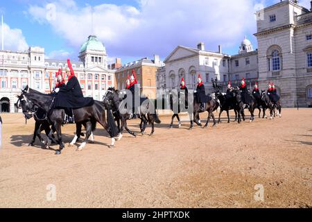 The Queen's Life Guard change ceremony on Horse Guards Parade,  London, UK. Soldiers of the Household Cavalry Mounted Regiment, the Blues and Royals. Stock Photo