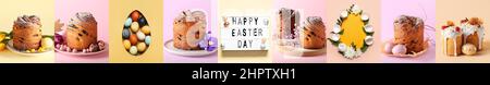 Collage with tasty Easter cakes and eggs on color background Stock Photo