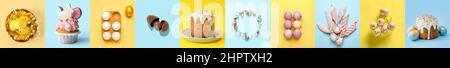 Collage with tasty Easter cakes and eggs on color background Stock Photo