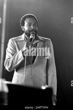 Marvin Gaye performing at the Bingley Hall, Birmingham, England in 1976. Stock Photo