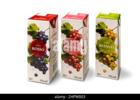 Italian wine in tetra pack, three cartons with red, rosé and white wine isolated on white, clipping path Stock Photo