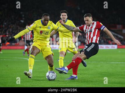 Sheffield, England, 23rd February 2022.   Billy Sharp of Sheffield Utd sends in a shot past Ryan Nyambe of Blackburn Rovers during the Sky Bet Championship match at Bramall Lane, Sheffield. Picture credit should read: Simon Bellis / Sportimage Stock Photo