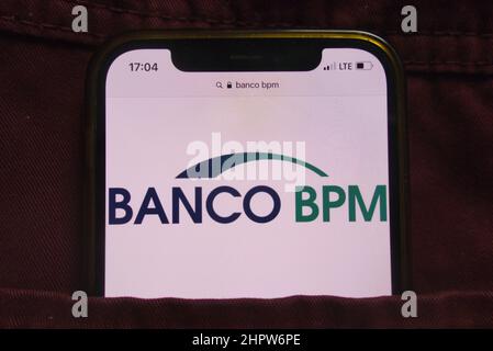 KONSKIE, POLAND - February 22, 2022: Banco BPM SpA logo displayed on mobile phone hidden in jeans pocket Stock Photo