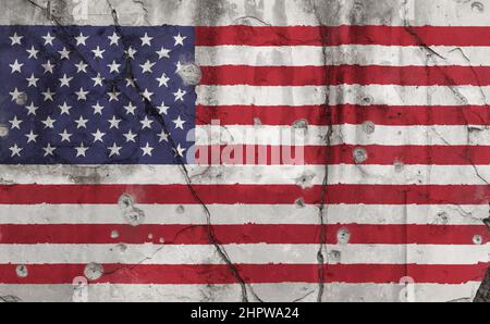 Full frame photo of a weathered flag of United States (USA, America) painted on a cracked wall with bullet holes. Shootings, crime & violence concept. Stock Photo