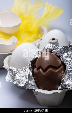 Helsinki / Finland - FEBRUARY 21, 2022: Traditional Finnish foods - Chocolate easter egg with caramel mousse filling Stock Photo