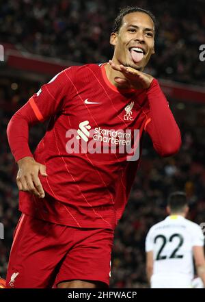 Liverpool, England, 23rd February 2022.  Virgil van Dijk of Liverpool celebrates his goal during the Premier League match at Anfield, Liverpool. Picture credit should read: Darren Staples / Sportimage Stock Photo