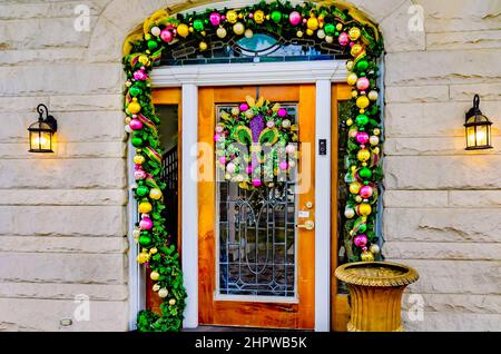 The Pillars, an event venue, is decorated for Mardi Gras, Feb. 21, 2022, in Mobile, Alabama. Stock Photo