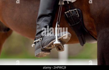 The foot of the rider, sitting on a red horse, in a black boot with a spur, rests on a metal stirrup. Close-up. Equestrian competition show Stock Photo