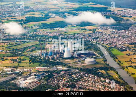 aerial of Grosskrotzenburg power station, Main river, Germany, Hesse Stock Photo