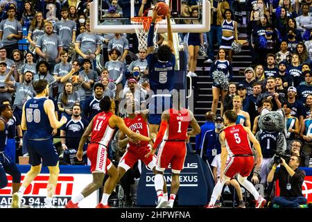 Reno, United States. 22nd Feb, 2022. Reno's forward #5 Warren Washington goes up for a dunk against four Las Vegas players during the University of Las Vegas vs University of Nevada Reno match at Lawlor event centre and University of Las Vegas came out victorious, 62 to 54. Credit: SOPA Images Limited/Alamy Live News Stock Photo