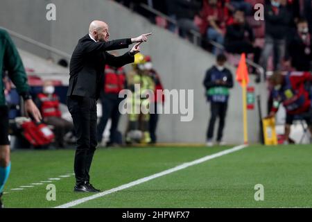 Lisbon, Portugal. 23rd Feb, 2022. AFC Ajax's head coach Erik ten Hag gestures during the UEFA Champions League round of sixteen leg one football match between SL Benfica and AFC Ajax at the Luz stadium in Lisbon, Portugal on February 23, 2022. (Credit Image: © Pedro Fiuza/ZUMA Press Wire) Stock Photo