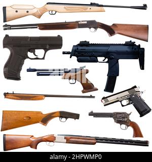 Various weapons isolated over white background. Firearms collection ...