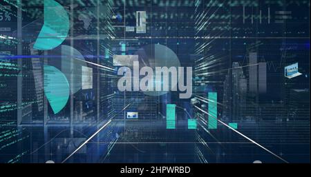 Multiple screens with statistical data processing over cityscape against blue background Stock Photo