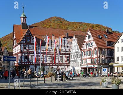 Town hall and market square with half-timbered houses, Bad Urach, Erms Valley, Swabian Alb Biosphere Reserve, Baden-Wuerttemberg, Germany Stock Photo