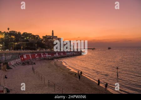Beach, city view of Jaffa with St. Peter's Church, Tel Aviv, Israel Stock Photo