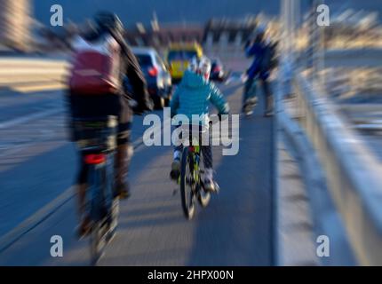 Panning, Child with Bicycle Accompaniment, Cycle Path Stock Photo