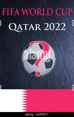 Qatar 2022 Fifa World Cup logo on white Football ball flying in flames ...