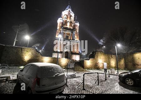 Snow falling in Gardoš Tower (or Millennium Tower, and also known as Kula Sibinjanin Janka). Zemun district, Belgrade, Serbia Stock Photo